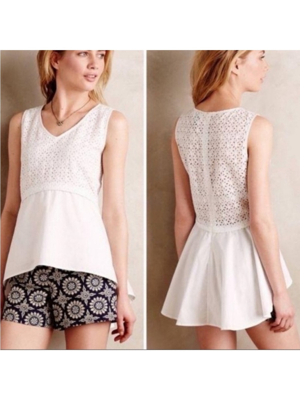 NWT Anthropologie HD in Paris White Eyelet Hi-Lo V-Neck 100% Cotton Tank Medium
